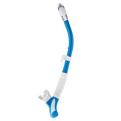 Aqua Lung Impulse Dry snorkel in blue and white, side view showing the dry valve top and flexible lower section