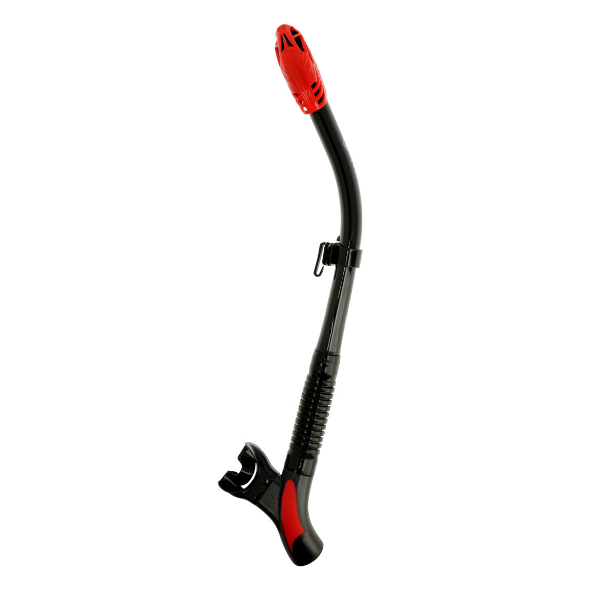 Aqua Lung Impulse Dry snorkel in black and red, side view showing the dry valve top and the silicone mouthpiece