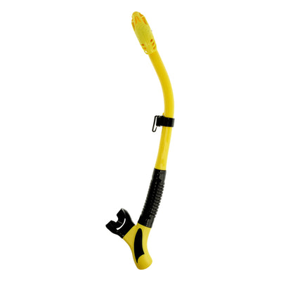 Aqua Lung Impulse Dry snorkel in black and yellow, side view showing the dry valve top and the purge valve