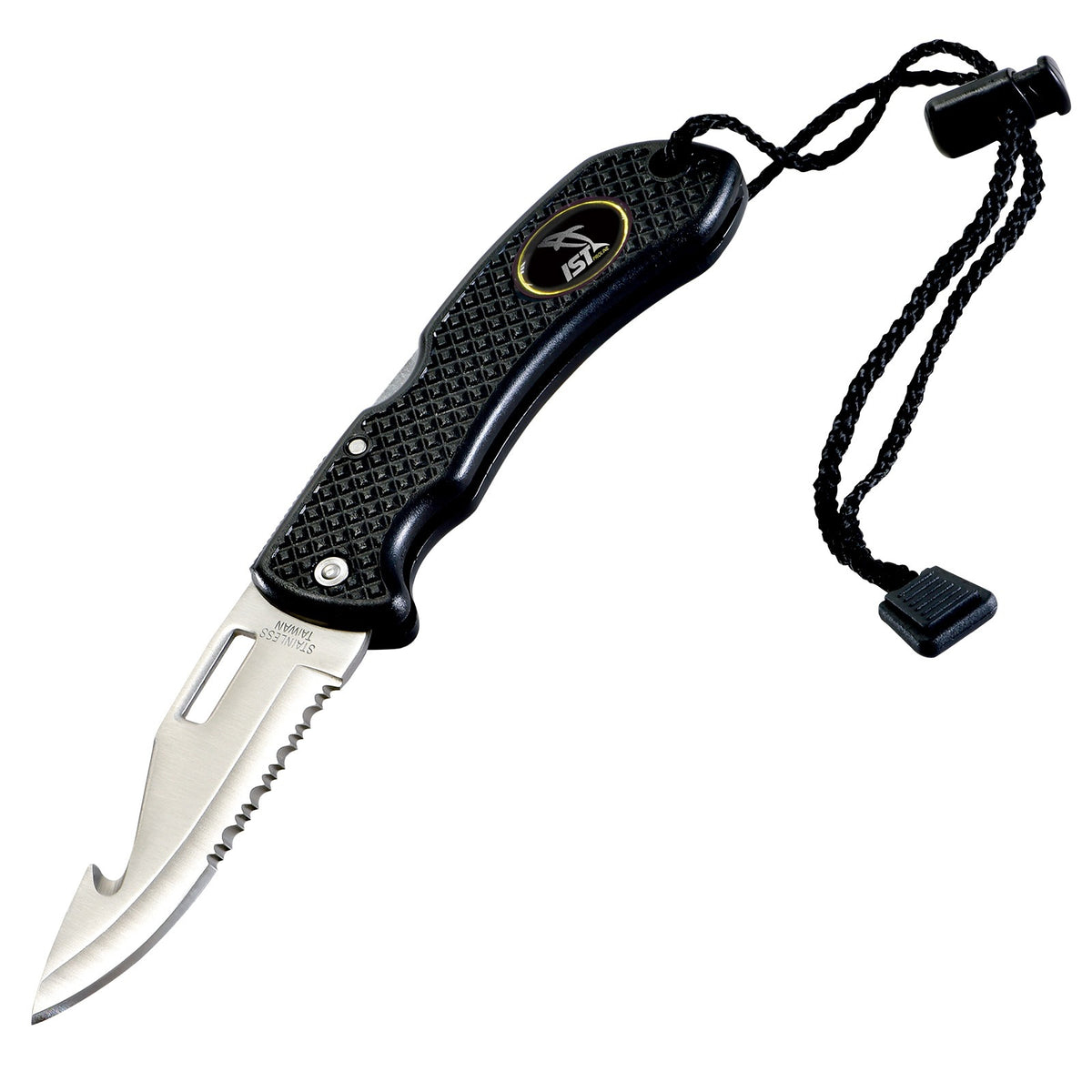 IST folding BC knife opened, stainless steel blade and black handle with lanyard