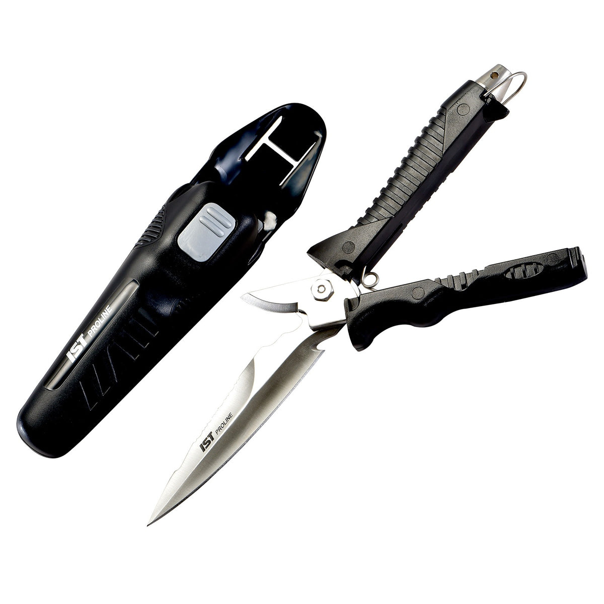 IST knife scissors opened into scissors beside the black sheath