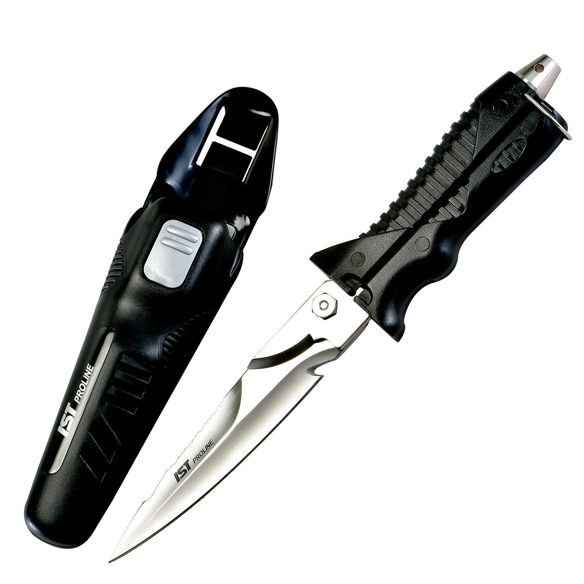 IST knife scissors opened into scissors beside the black sheath