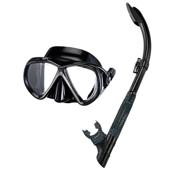 IST Martinique mask and snorkel set in black, twin lens mask beside the black snorkel