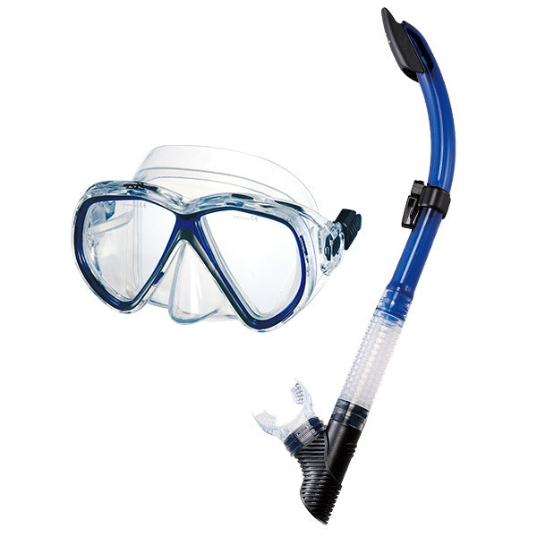 IST Martinique mask and snorkel set in black, twin lens mask beside the black snorkel