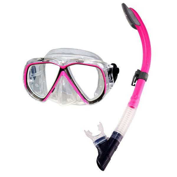 IST Martinique mask and snorkel set in black, twin lens mask beside the black snorkel
