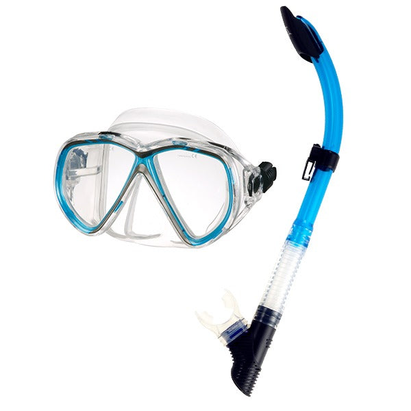 IST Martinique mask and snorkel set in black, twin lens mask beside the black snorkel