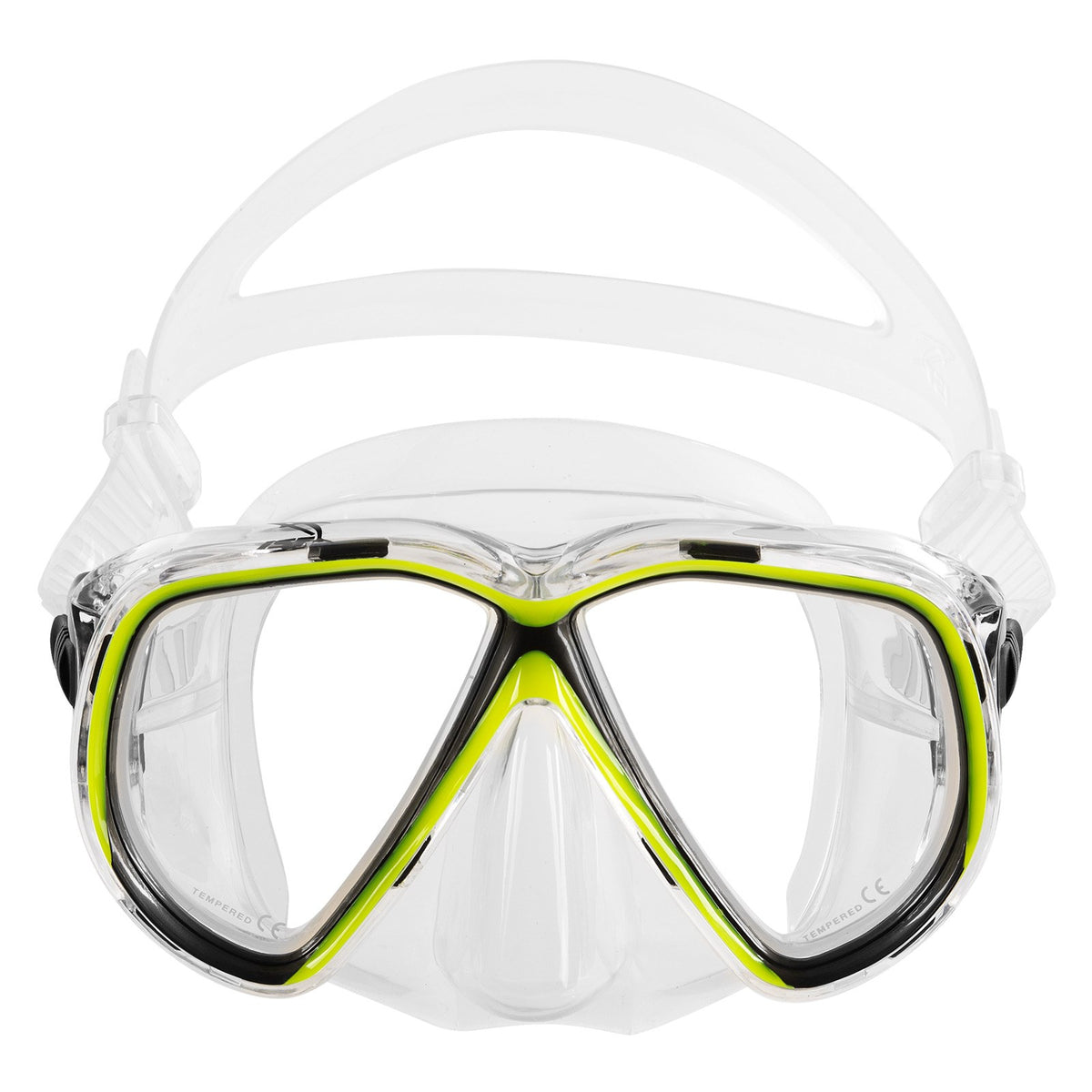 IST Martinique Narrow twin lens mask with a neon yellow frame and clear skirt