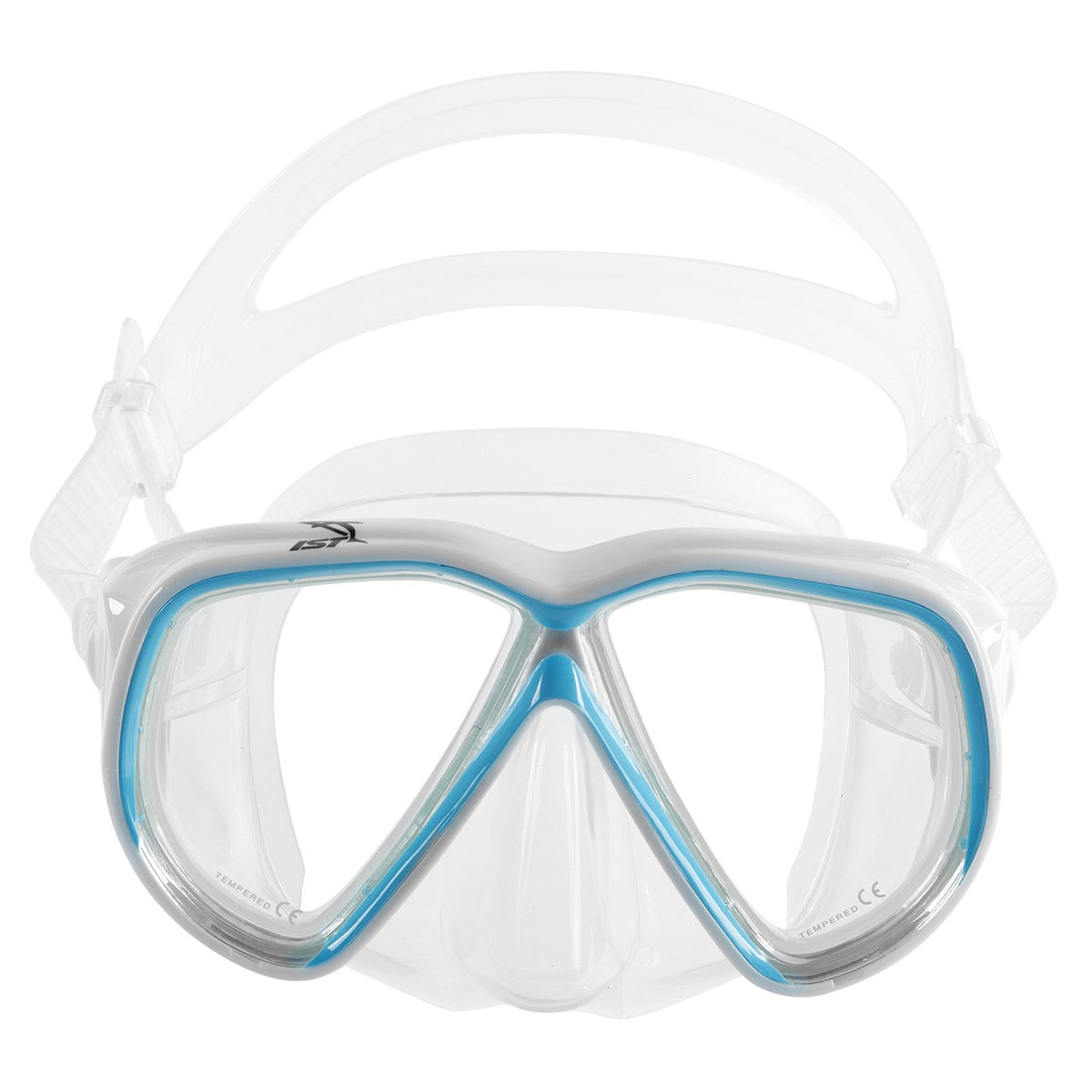 IST Martinique Narrow twin lens mask with a neon yellow frame and clear skirt