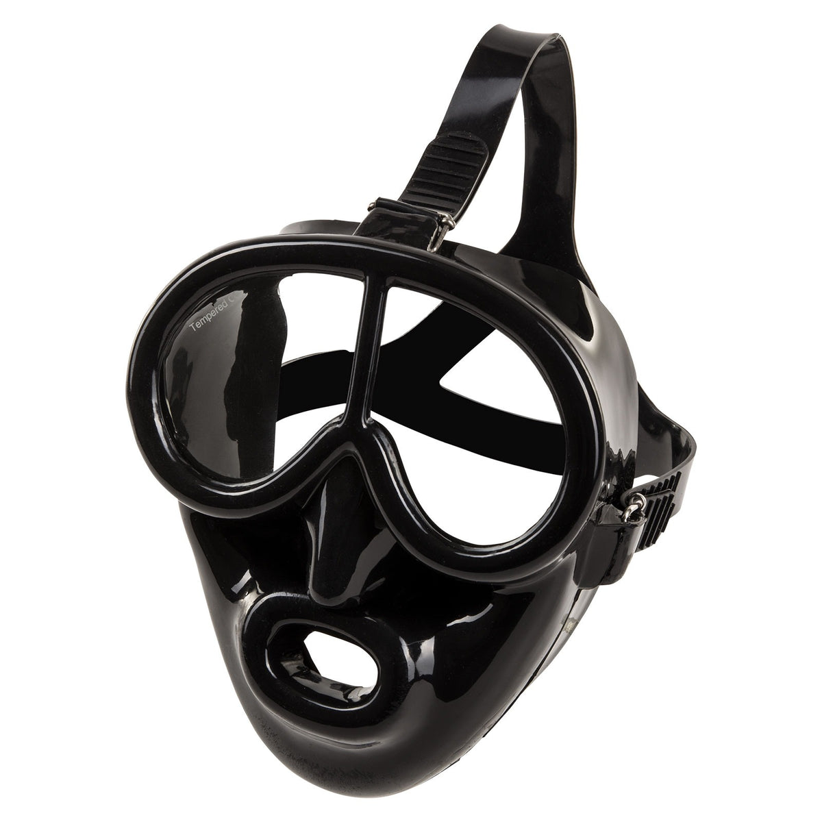 IST Pegasus full face snorkelling mask in black silicone, front view with the mouth port