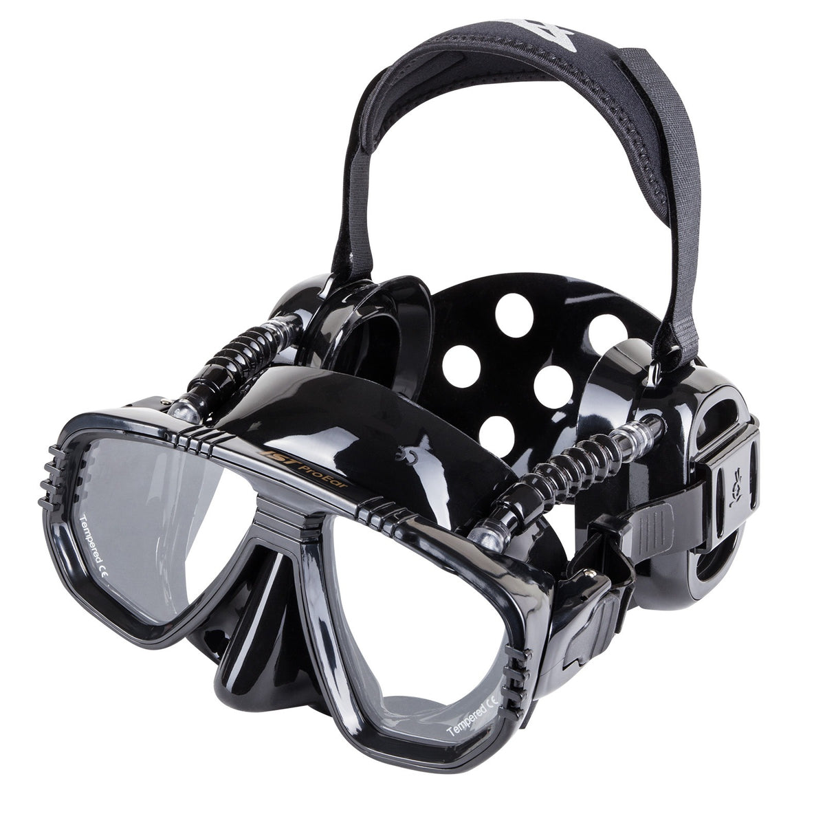 IST Pro Ear mask in black showing the twin lenses, ear cups and equalising tubes
