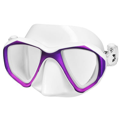 IST Proteus Anti-Fog Mask in white and purple, angled view