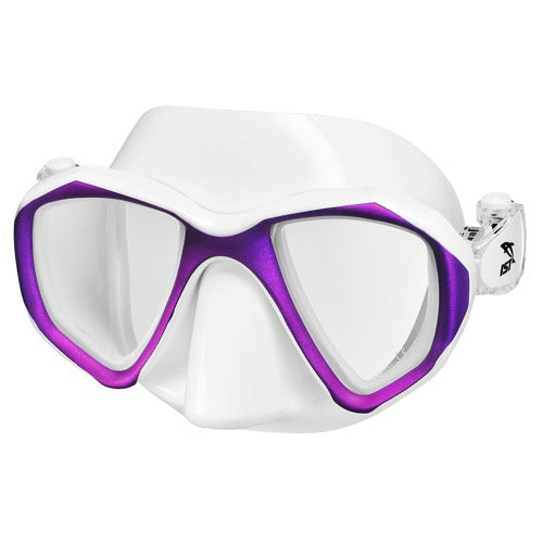IST Proteus Anti-Fog Mask in white and purple, angled view