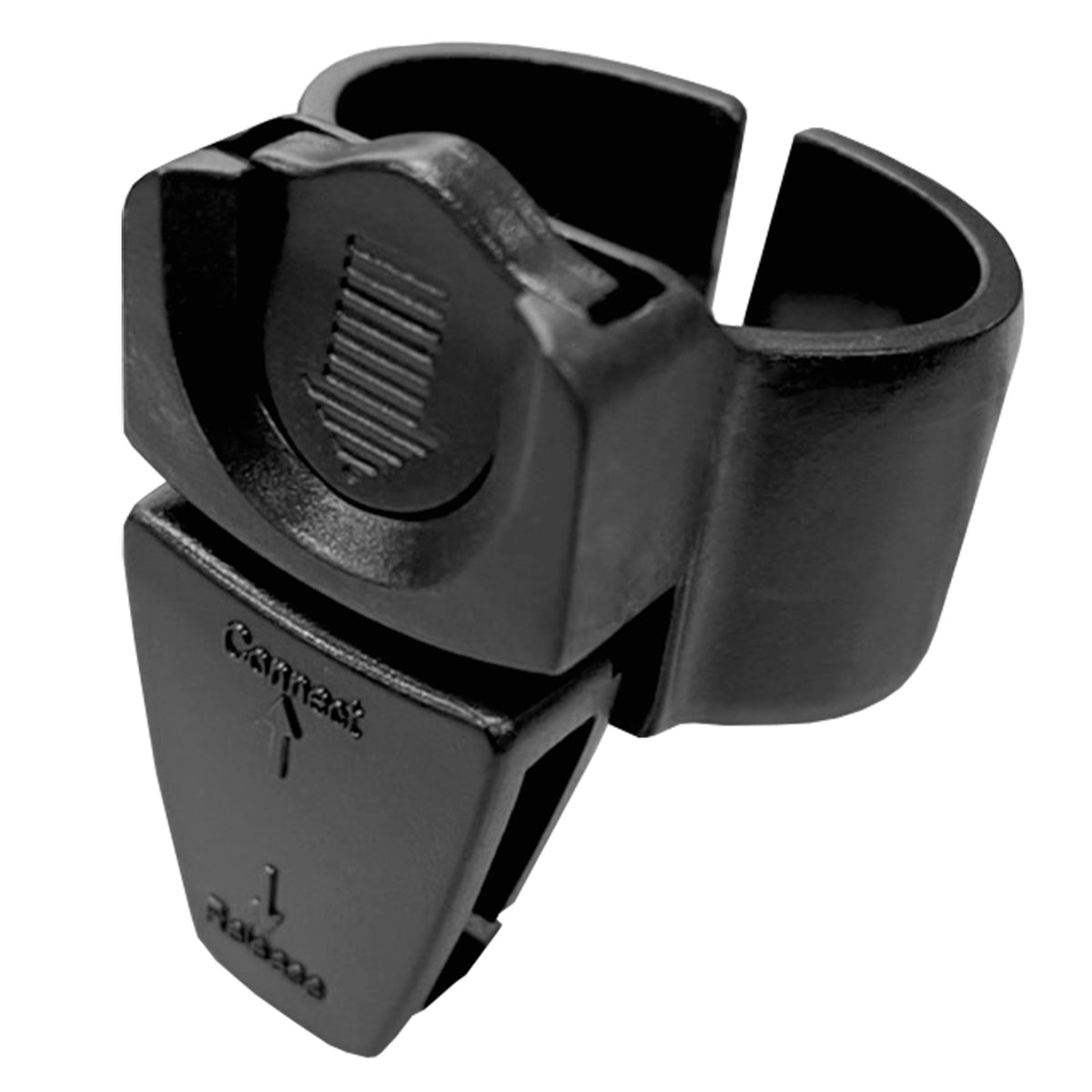 IST black quick-release snorkel holder, angled view of the clamp ring