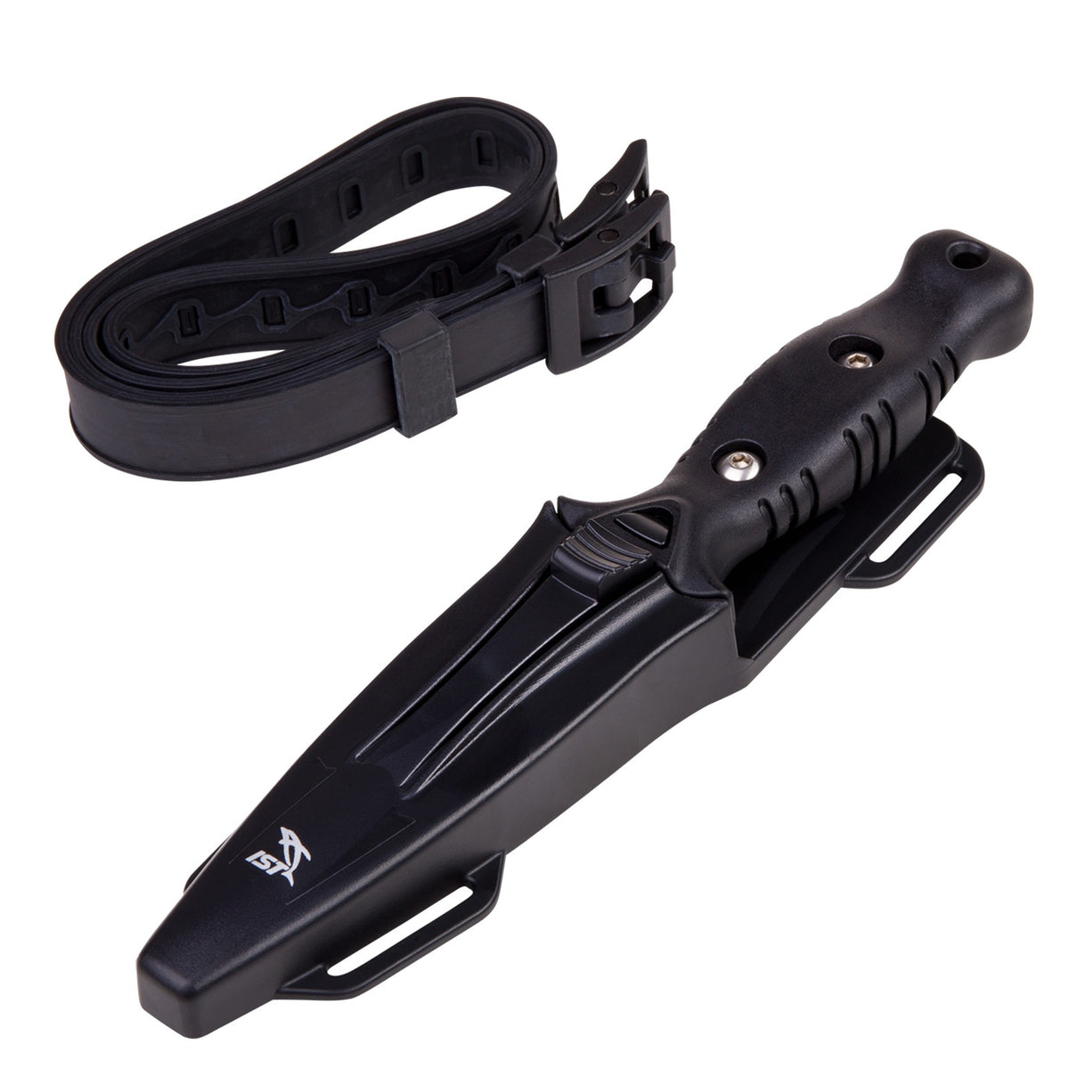 IST dual edge spearfishing knife with needle point blade beside its black case