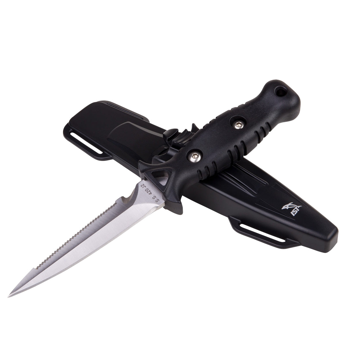 IST dual edge spearfishing knife with needle point blade beside its black case