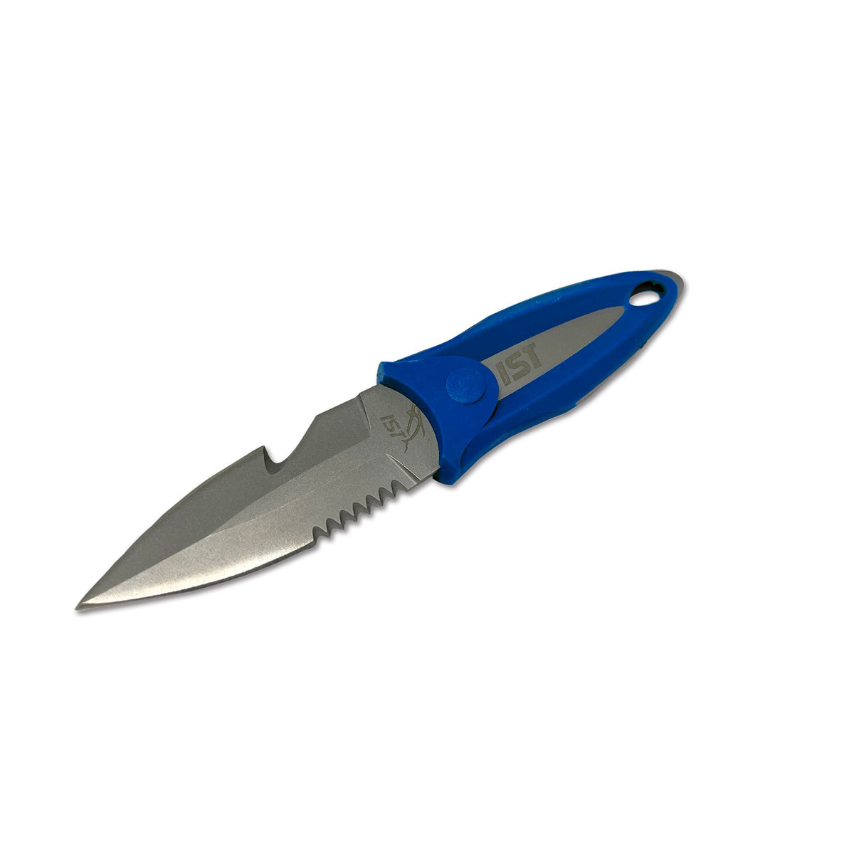 IST titanium BC knife with a black handle and serrated blade
