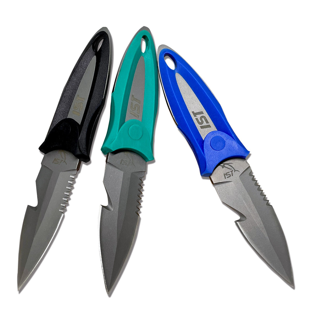 IST titanium BC knife with a black handle and serrated blade