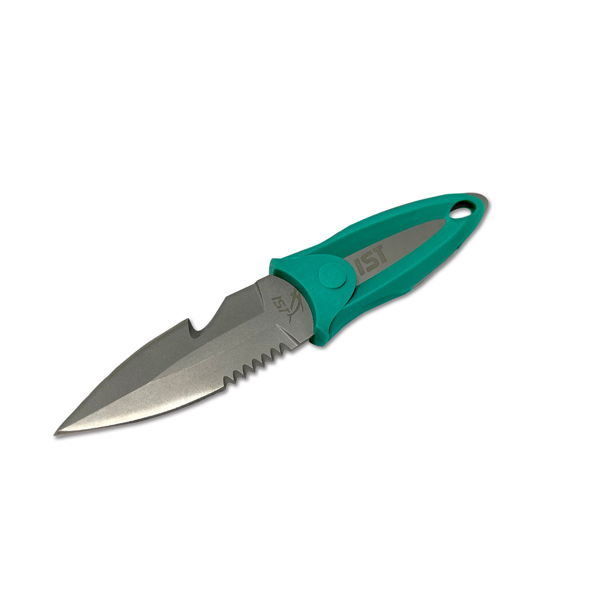 IST titanium BC knife with a black handle and serrated blade