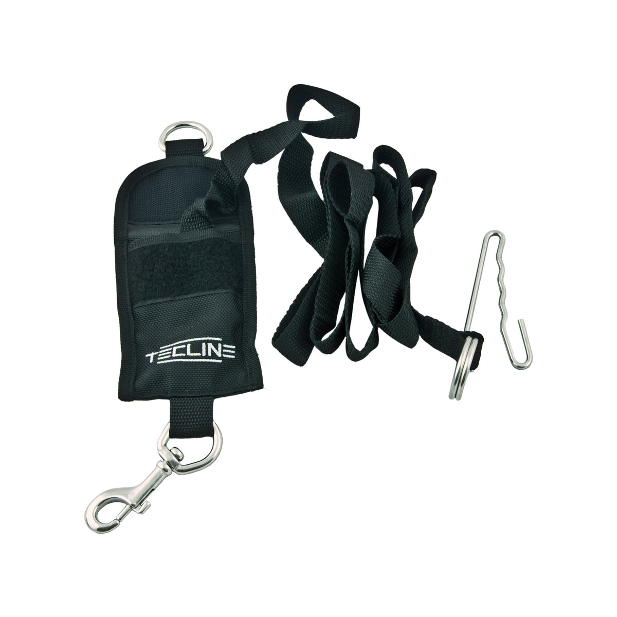 Tecline jon line packed in its black pouch with D-ring and bolt snap