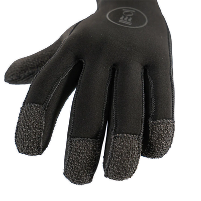 Back of a black Fourth Element 5mm Kevlar Hydrolock glove showing the logo patch and the grey reinforced fingertip panels