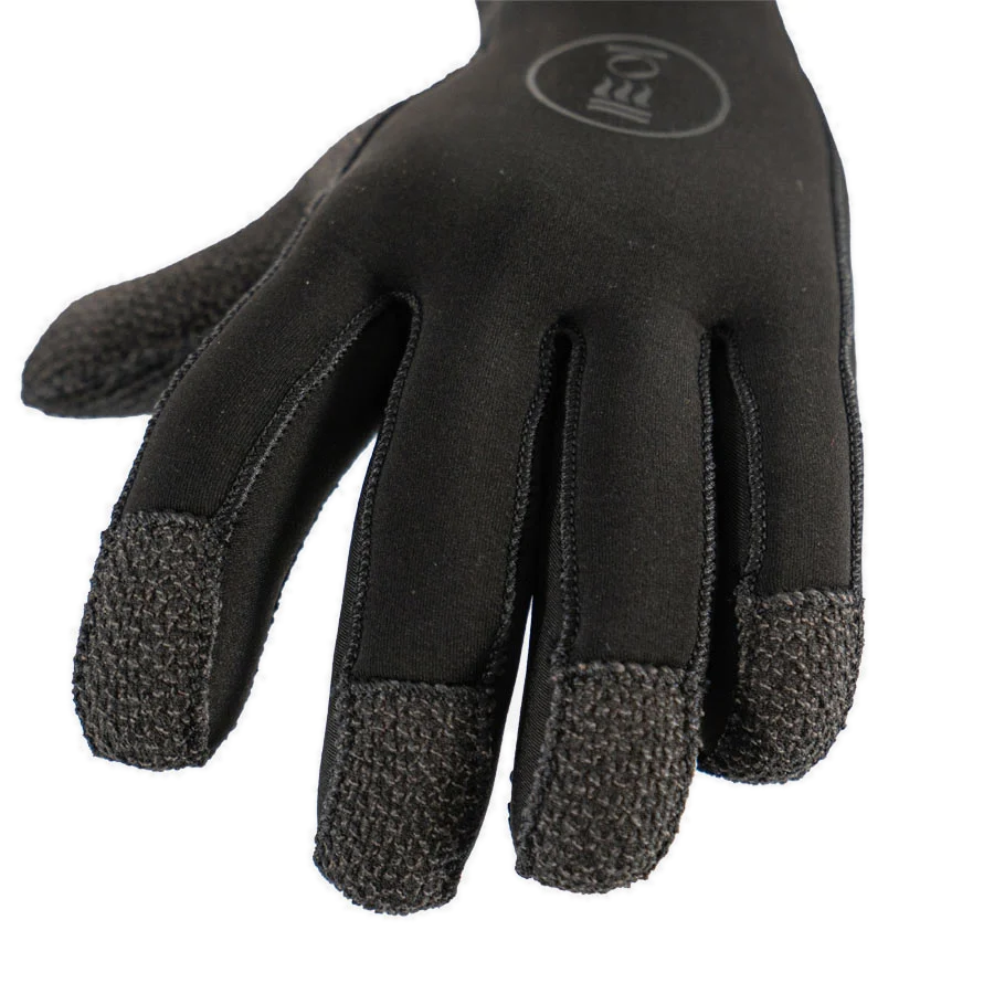 Pair of black Fourth Element 5mm Kevlar Hydrolock dive gloves worn on the hands, one open to show the reinforced palm