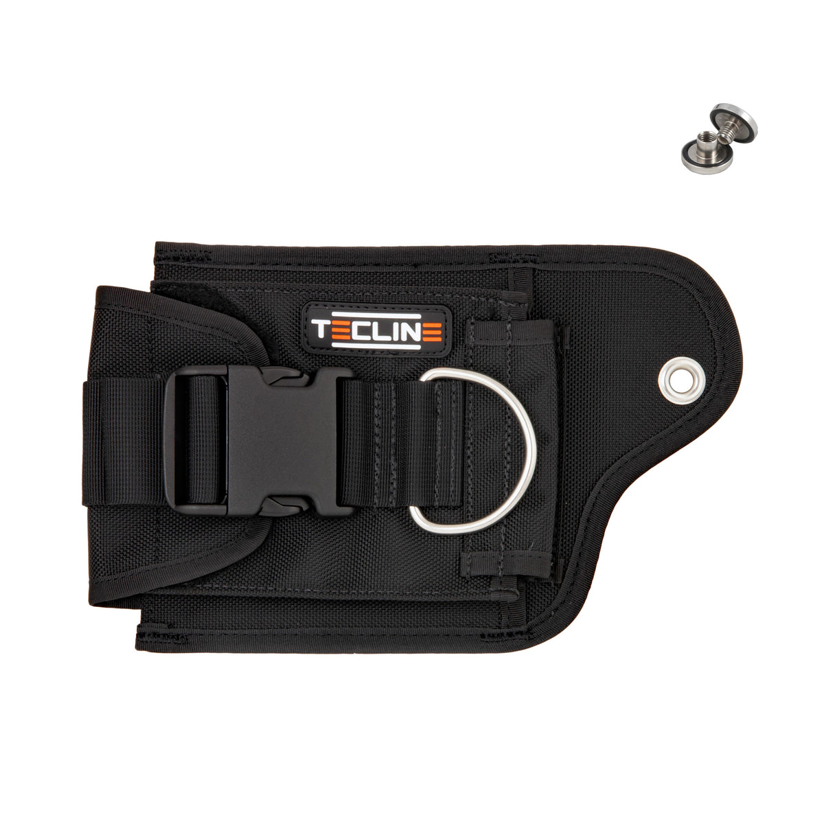 Tecline left weight pocket with buckle and movable D-ring, fixing screw beside it
