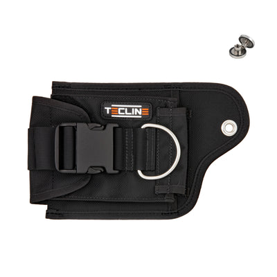 Tecline left weight pocket with buckle and movable D-ring, fixing screw beside it