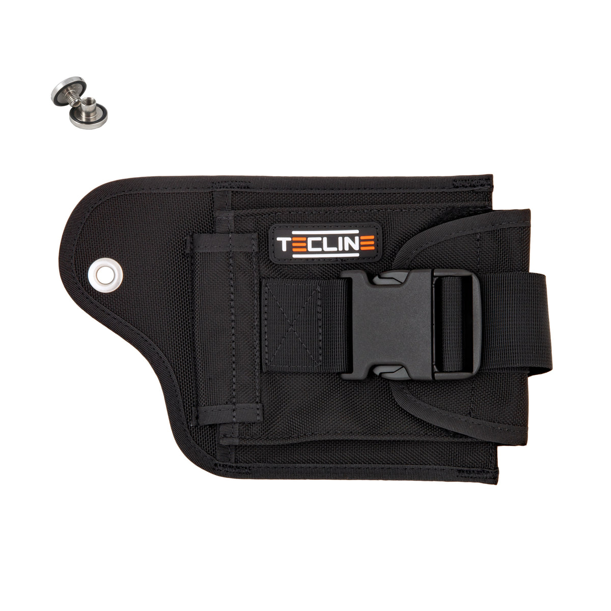 Tecline left weight pocket with buckle and movable D-ring, fixing screw beside it