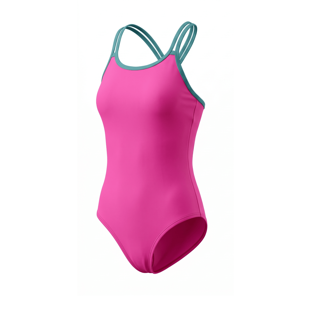Kikx double thin strap swimsuit in neon pink with teal double straps