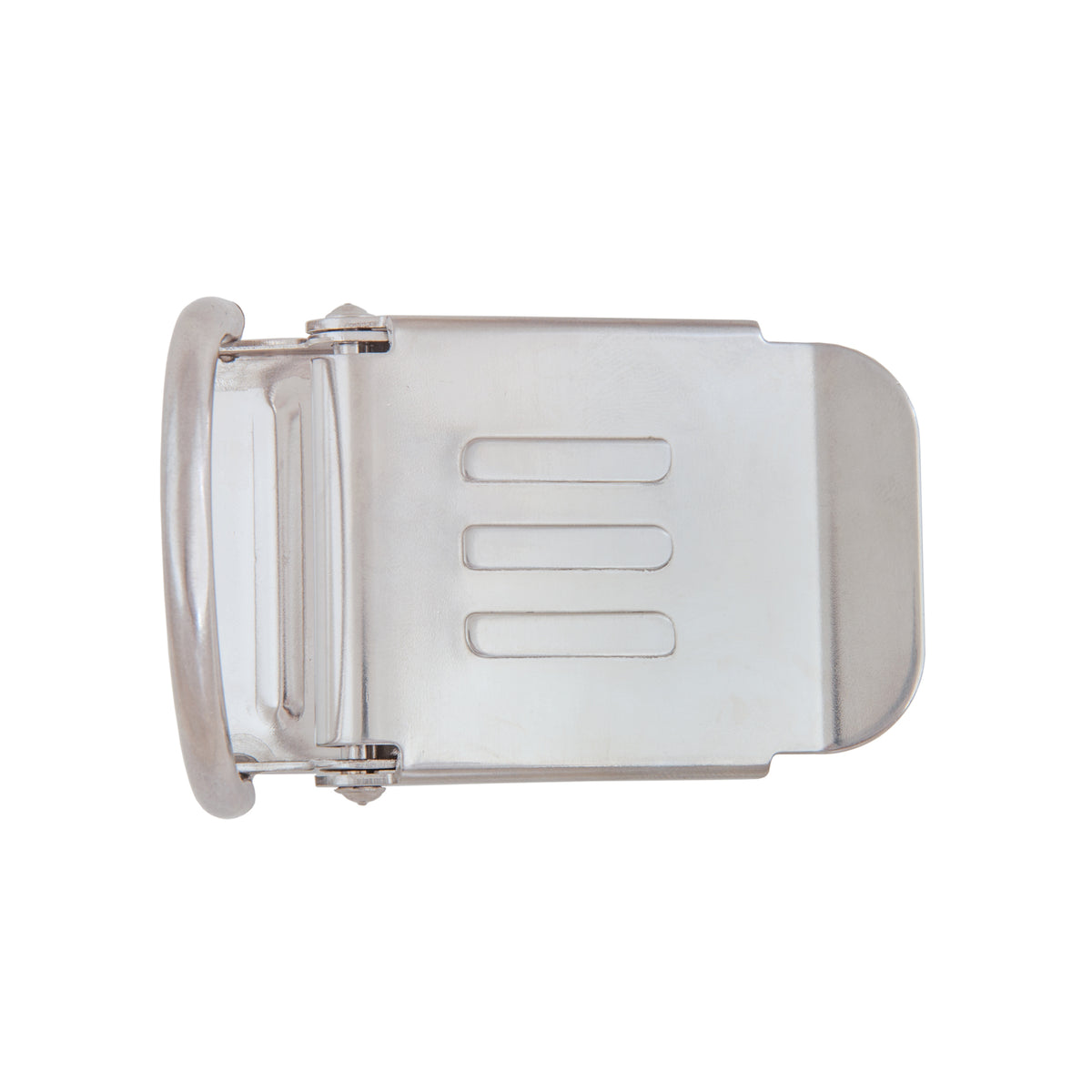 Tecline stainless steel 50 mm belt buckle with D-ring and oval logo badge, front view
