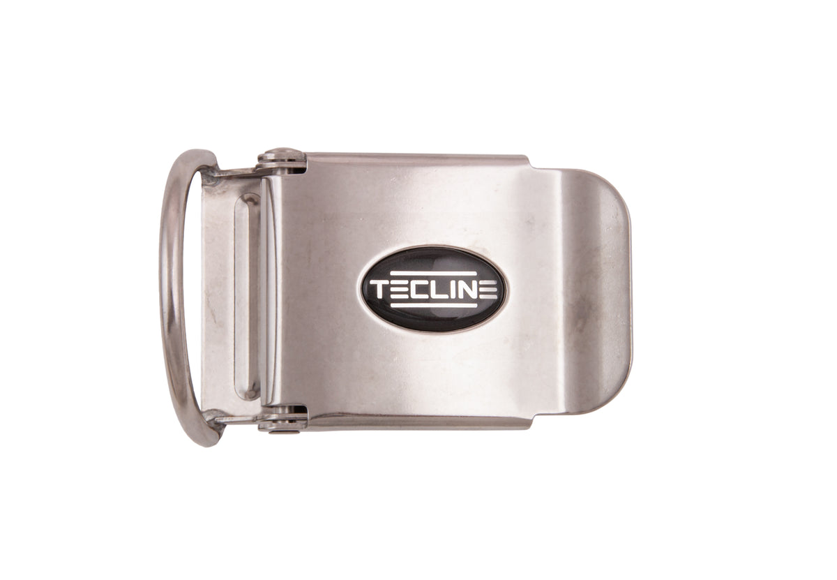 Tecline stainless steel 50 mm belt buckle with D-ring and oval logo badge, front view