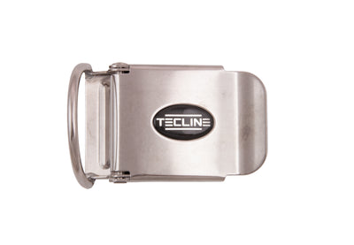 Tecline stainless steel 50 mm belt buckle with D-ring and oval logo badge, front view