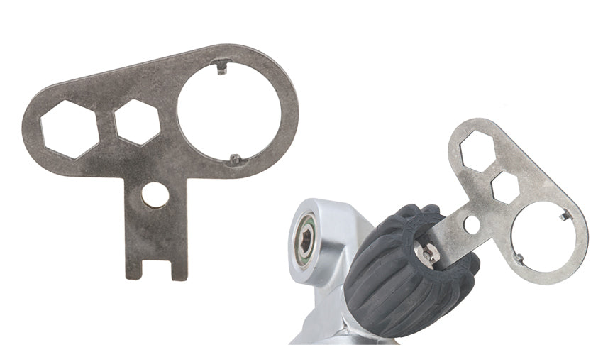 Tecline valve knob retainer tool, a flat steel key shown alone and fitted to a valve handwheel