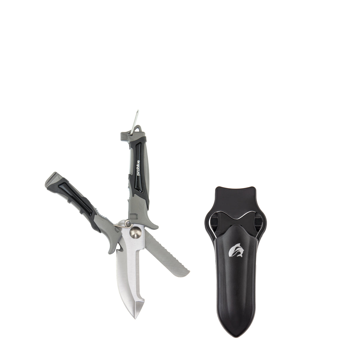 Scubatech knife scissors, standard size, closed beside its sheath