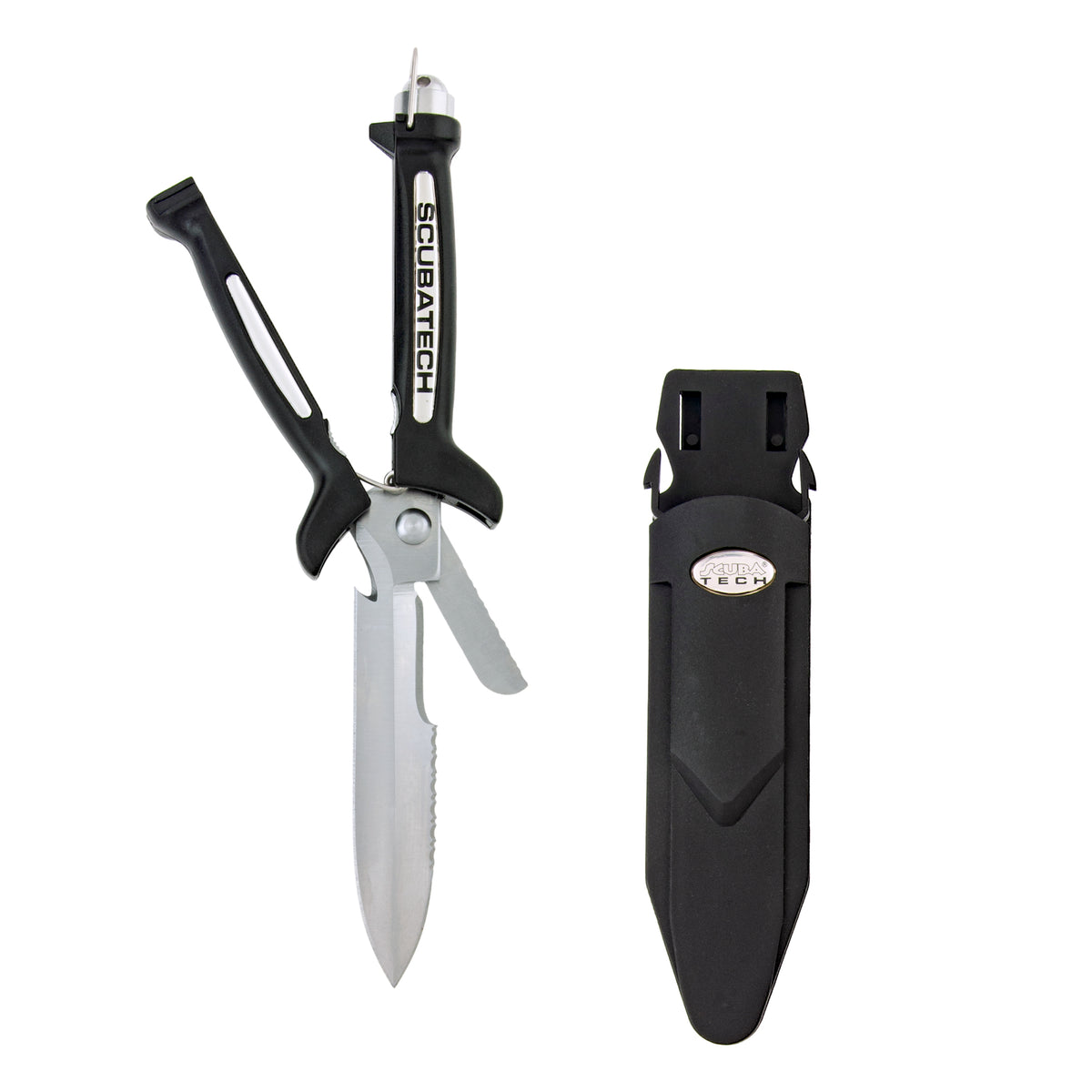 Scubatech knife scissors, standard size, closed beside its sheath