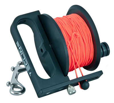 Tecline Explorer Cave reel, 115 m version with Delrin drum, orange line and double-ender