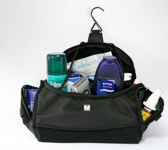Large black hanging toiletry bag shown open and packed with toiletries (not included)