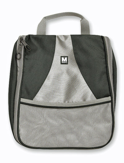 Medium hanging toiletry bag in black and grey with front mesh pocket