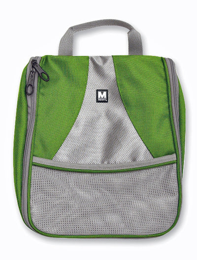 Medium hanging toiletry bag in green and grey with front mesh pocket