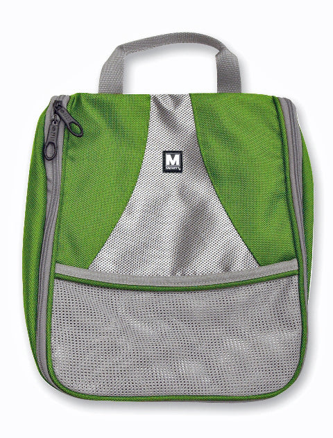 Medium hanging toiletry bag in black and grey with front mesh pocket