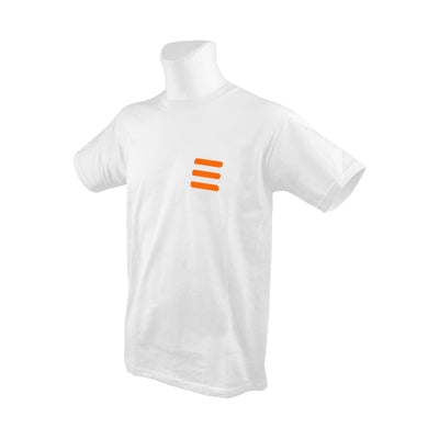 Tecline white Fruit of the Loom T-shirt on a mannequin, orange three-bar mark on the chest