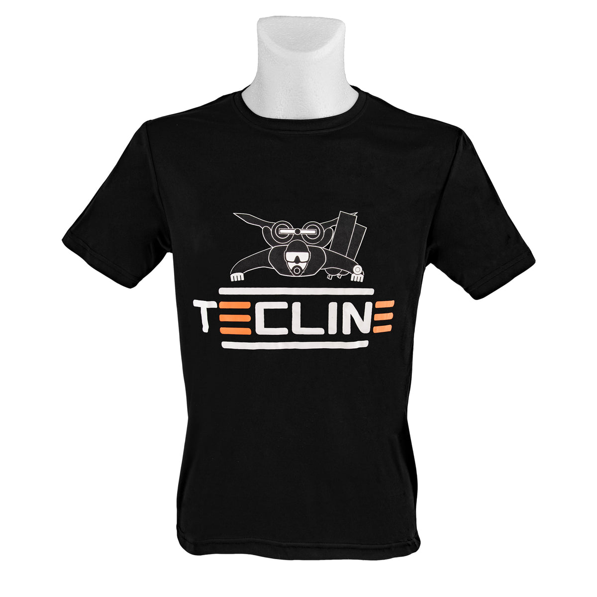 Tecline black microfibre T-shirt with the diver-mask graphic and TECLINE wordmark print
