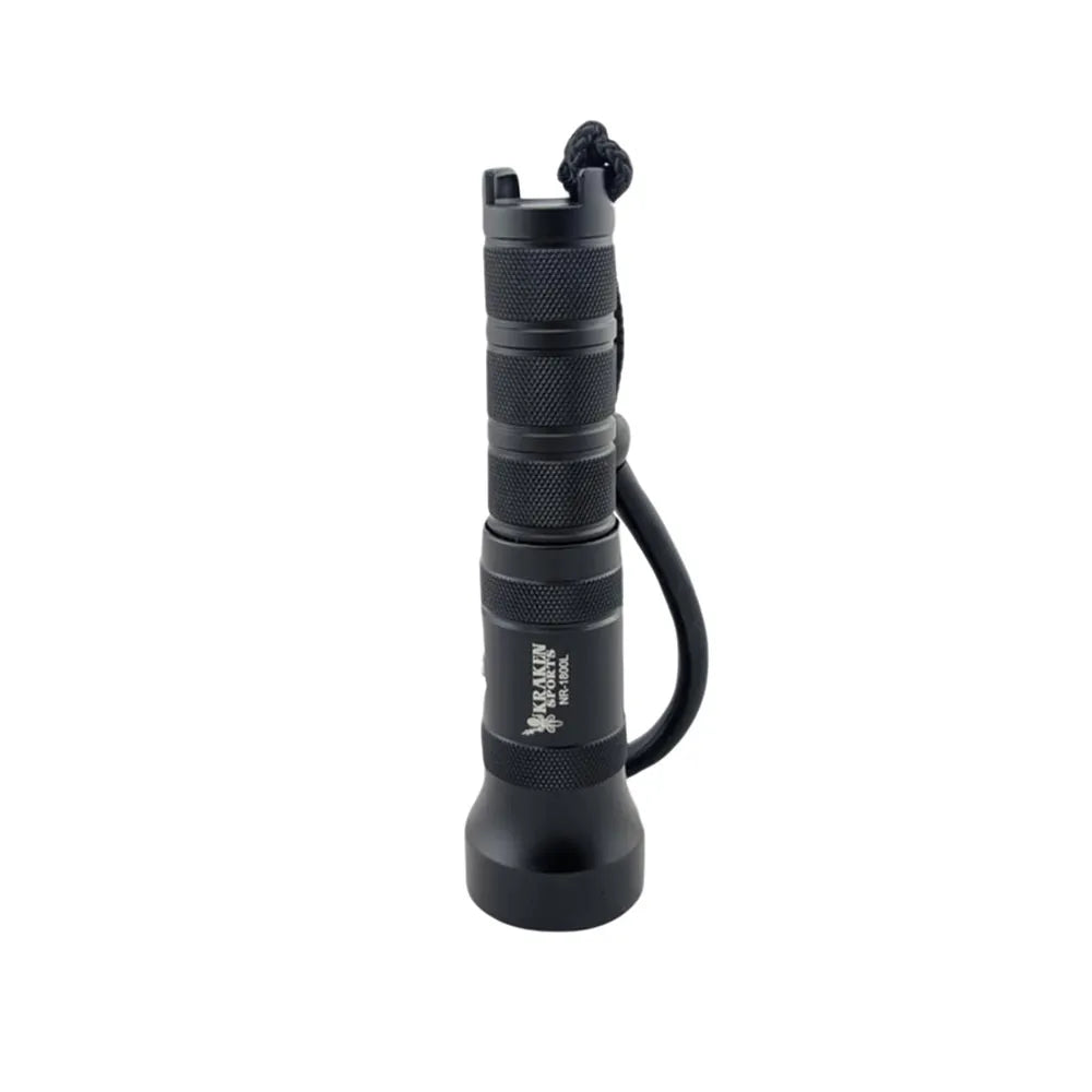 Kraken NR-1800L dive light in black with wrist lanyard, standing