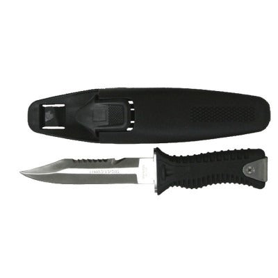 Lalizas Discovery diving knife with stainless blade and black grip below its black sheath