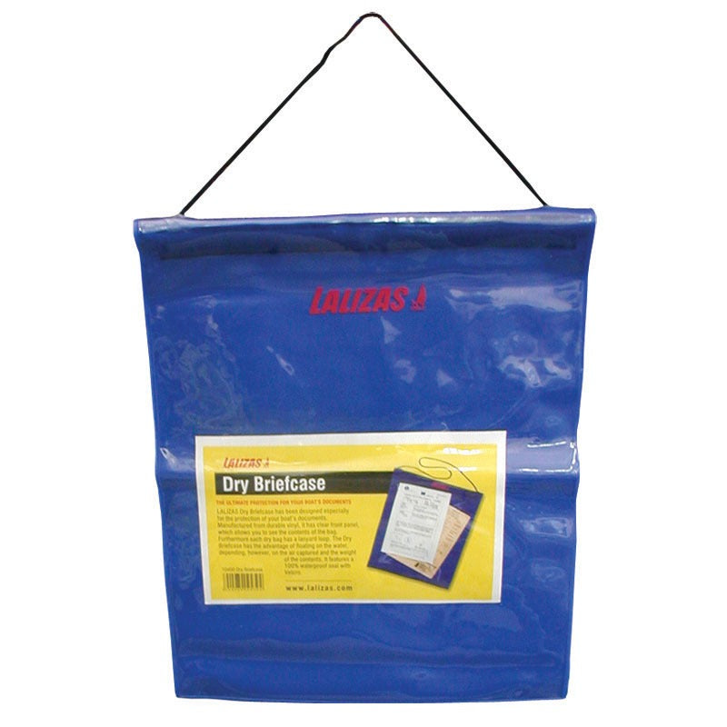 Lalizas Dry Briefcase in blue vinyl with clear front panel and hanging cord