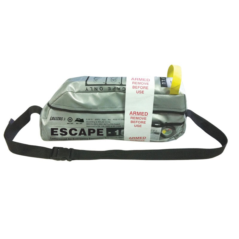 Lalizas ESCAPE-15 emergency escape breathing device in its silver carry bag