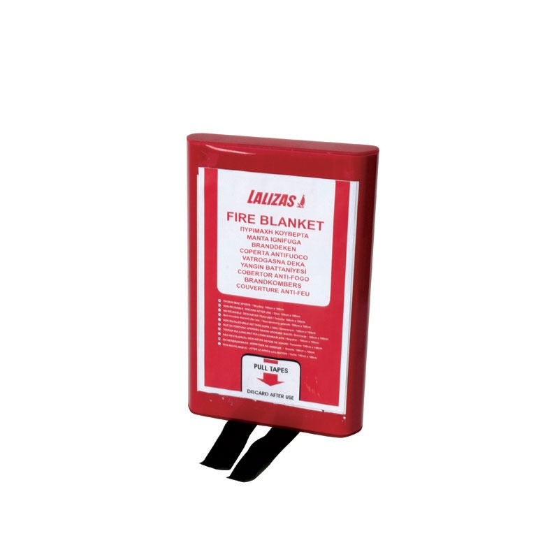 Lalizas fire blanket in a red rigid PVC case with pull tapes