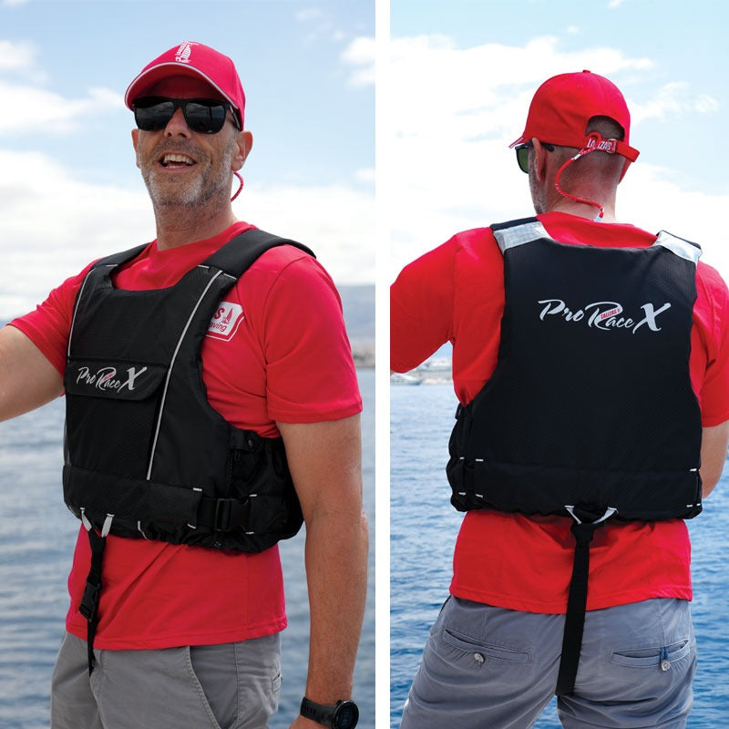 Lalizas Pro Race X 50N buoyancy aid in black, front view with crotch strap