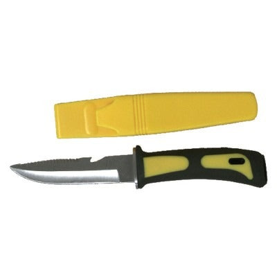 Lalizas Security diving knife with black and yellow grip beside its yellow plastic sheath