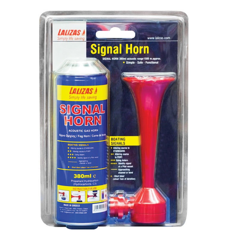 Lalizas signal horn set with red horn and 380 ml gas canister in blister pack